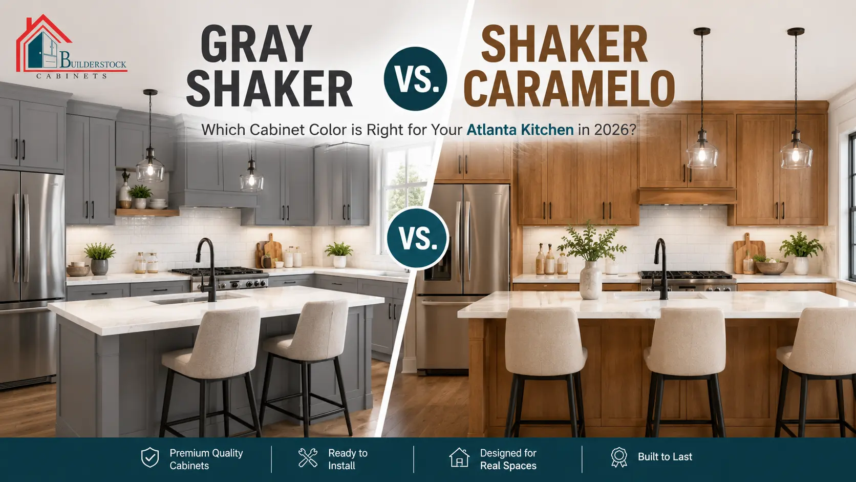 Gray Shaker vs Shaker Caramelo cabinets comparison kitchen design by Builder Stock Cabinet Atlanta GA featuring modern shaker style cabinetry for 2026 kitchens