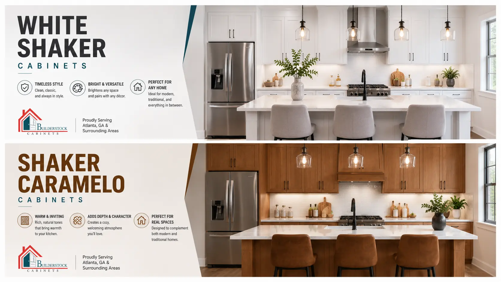 Modern white shaker cabinets kitchen design with premium shaker style cabinetry by Builder Stock Cabinet in Atlanta GA