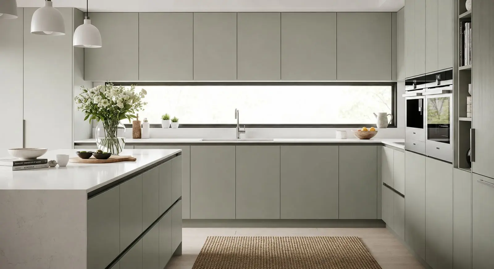 Modern sage green kitchen cabinet styles in Atlanta with minimalist flat-panel cabinets and luxury contemporary kitchen design interior