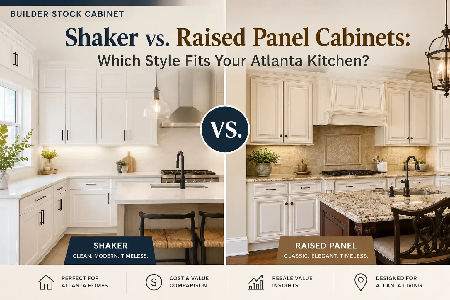 Shaker vs raised panel kitchen cabinets comparison for Atlanta homeowners by Builder Stock Cabinet