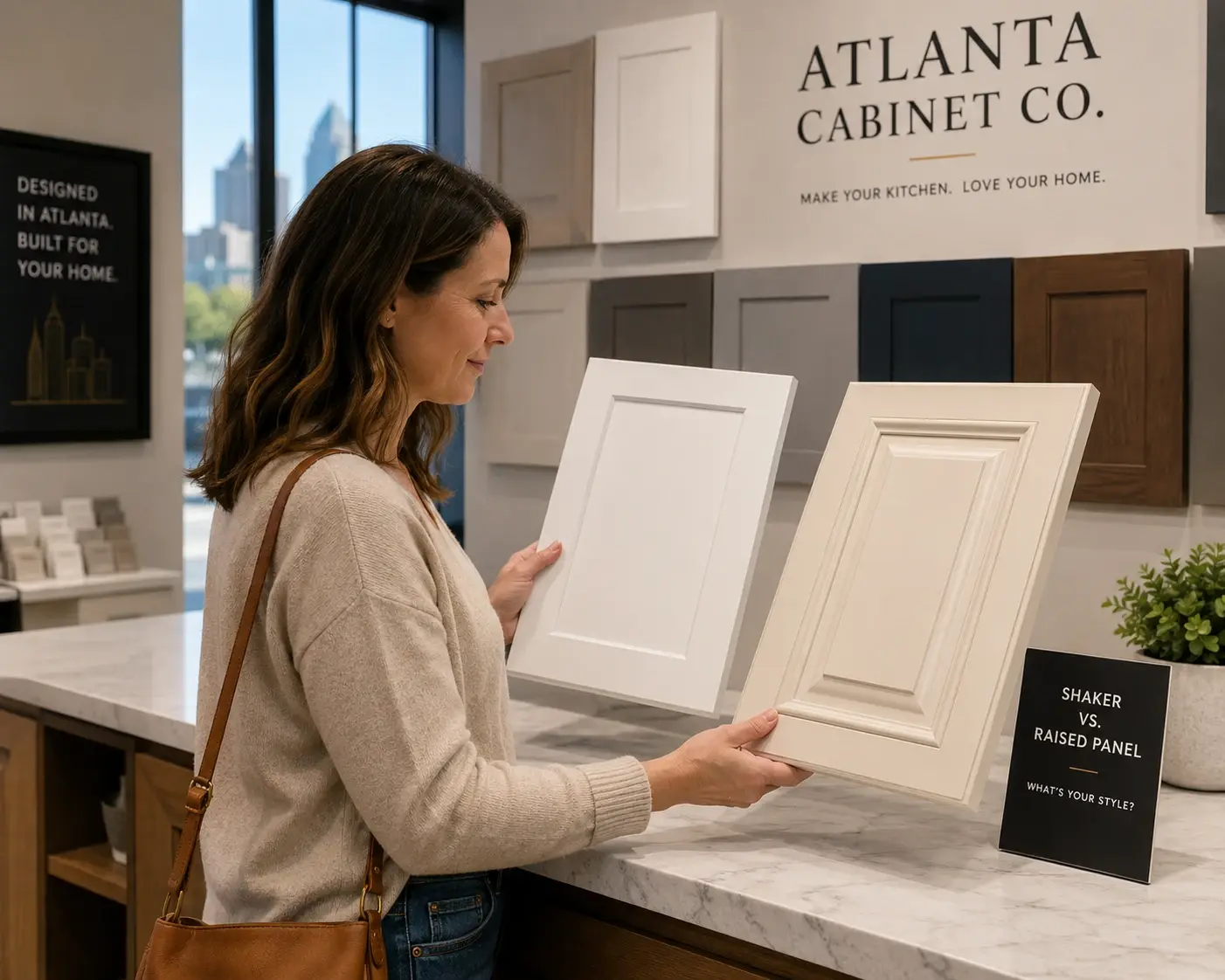 Homeowner comparing shaker and raised panel kitchen cabinet door samples at an Atlanta cabinet showroom before a kitchen remodeling project.
