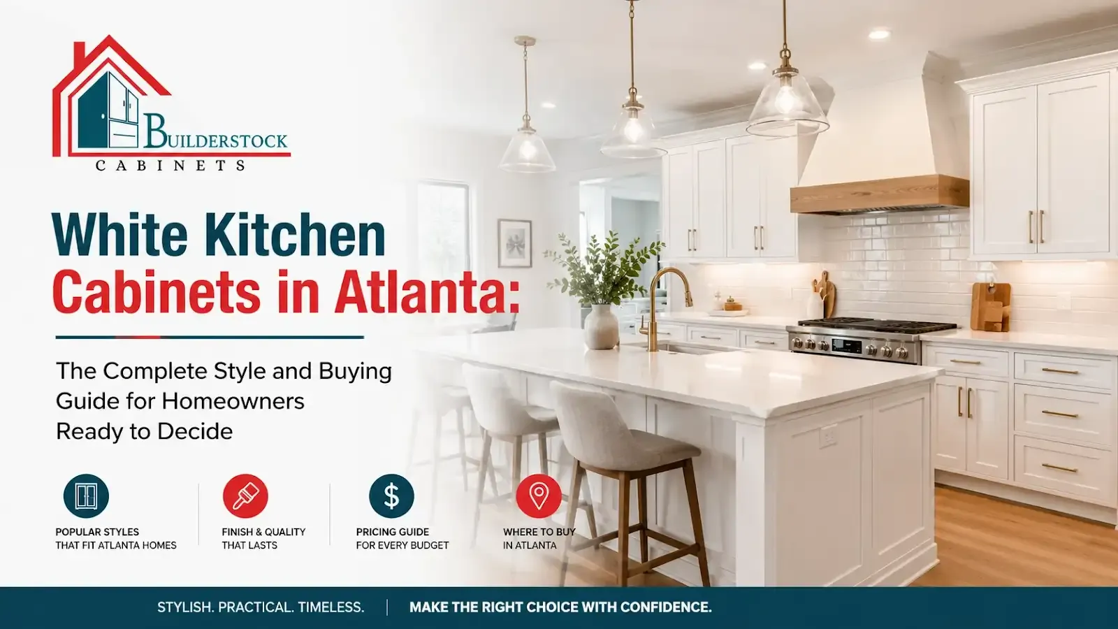 White Kitchen Cabinets in Atlanta featuring modern white shaker cabinets with quartz countertops | Builderstock Cabinets