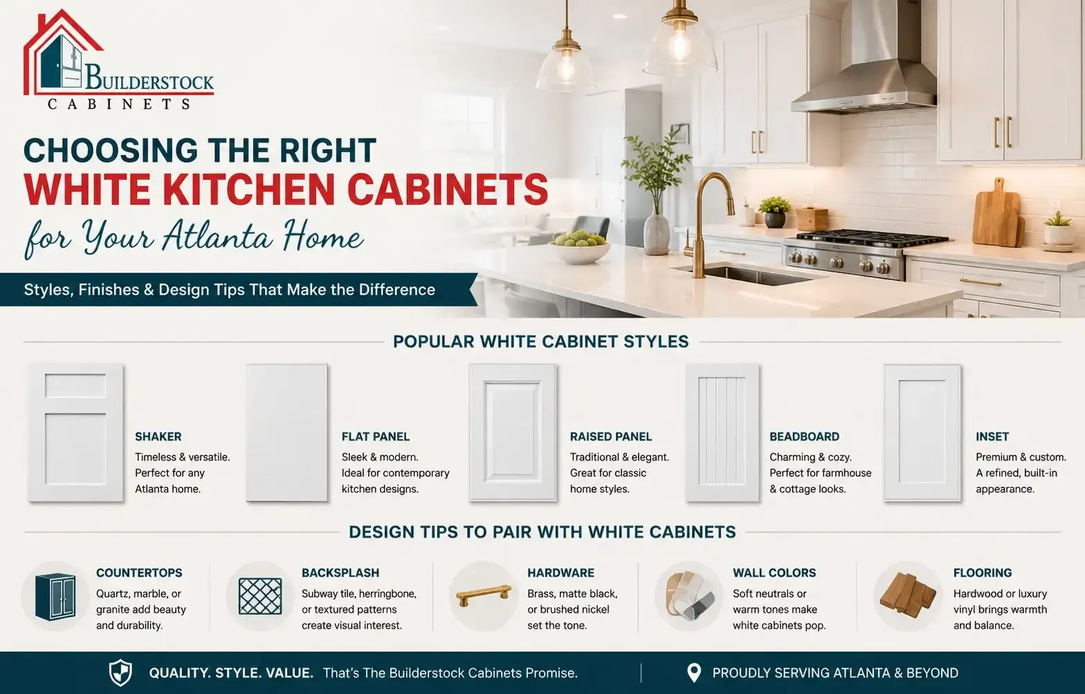 White kitchen cabinet styles in Atlanta comparison showing shaker, flat panel, raised panel, beadboard, and inset cabinets by Builderstock Cabinets