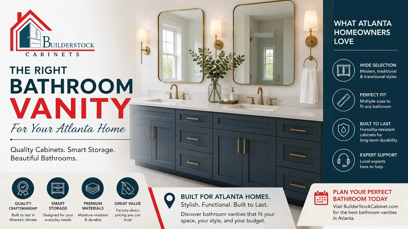 Premium bathroom vanity with double sink, shaker cabinets, quartz countertop, and smart storage for Atlanta homeowners by Builder Stock Cabinets