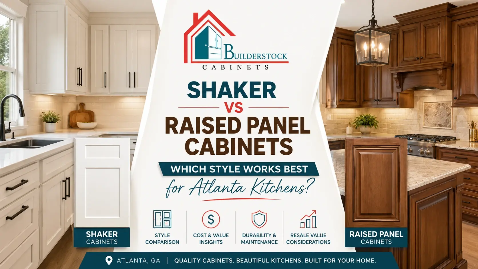 Shaker vs Raised Panel Cabinets comparison for Atlanta kitchens by Builder Stock Cabinets Shaker vs Raised Panel Cabinets comparison for Atlanta kitchens by Builder Stock Cabinets featuring modern white shaker cabinets and traditional raised panel cabinets.