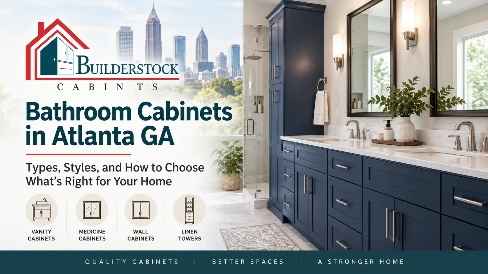 Best Cabinet Materials for Bathroom Cabinets in Atlanta GA Infographic showing the best cabinet materials for bathroom cabinets in Atlanta GA, including plywood cabinet boxes, MDF door fronts, solid wood frames, and soft-close hardware.